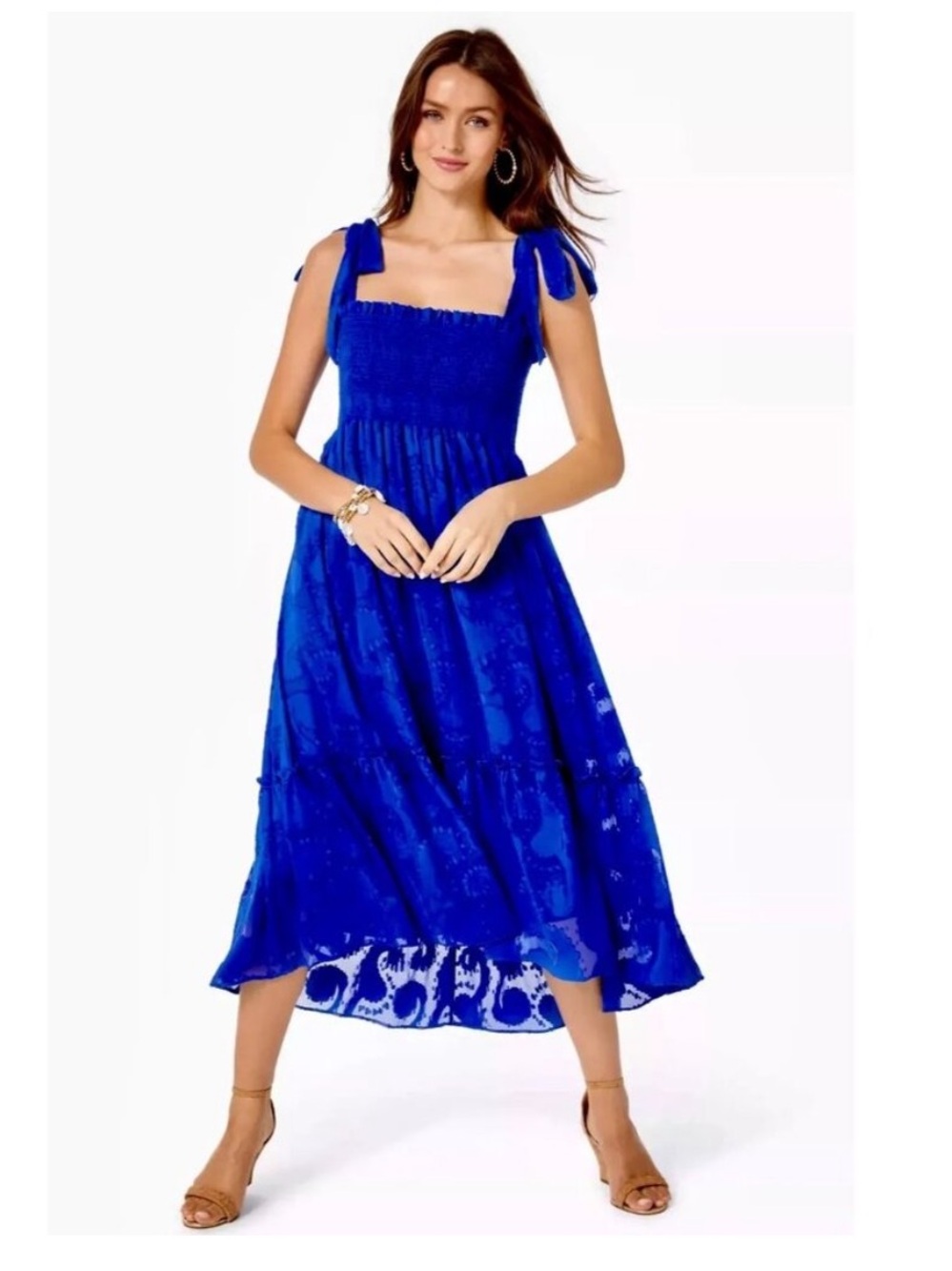 Lilly Pulitzer Rivera Blue Tie-Shoulder Smocked high low Midi maxi Dress S